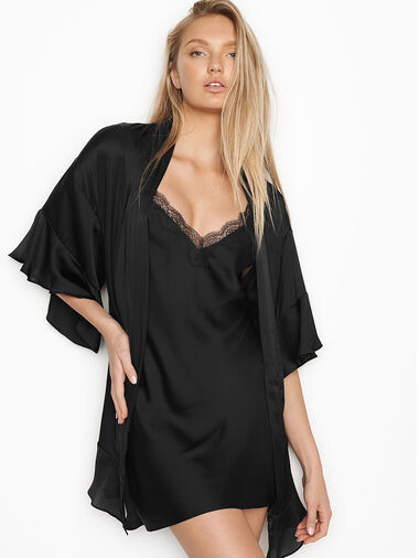 Kimono Volanté En Satin, Black, large