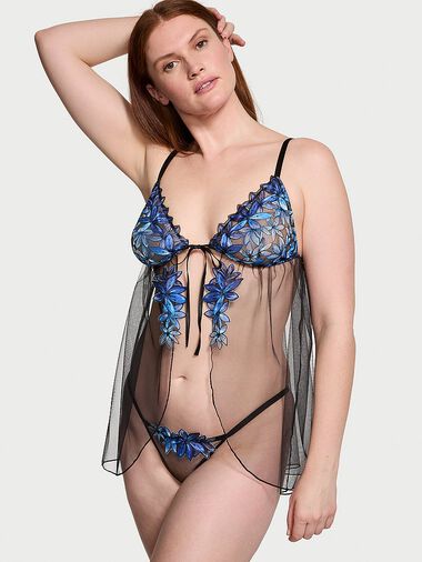 Ziggy Glam Floral Embroidery Flyaway Babydoll Set, Blue Ombre, large