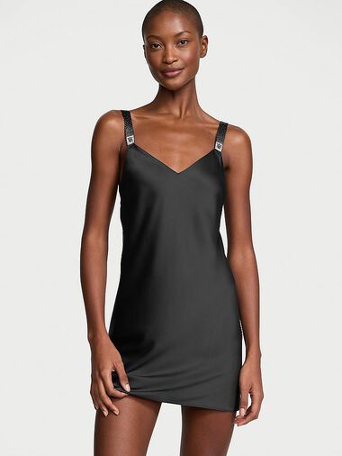 Scattered Shine Strap Satin Strappy-back Slip, Black, large