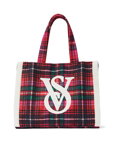 Plaid Fleece-trim Tote, Plaid, large