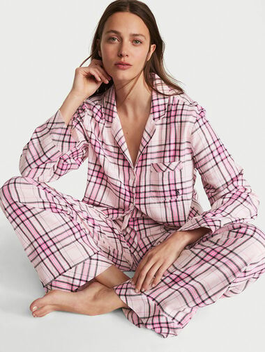Flannel Long Pajama Set, Pink Plaid, large
