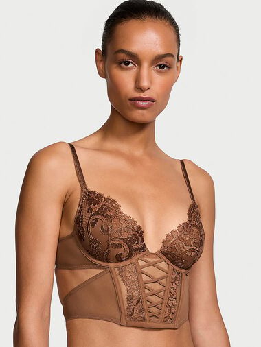 Top Demi-corset Décolleté À Broderie Florale Bohème, Caramel, large