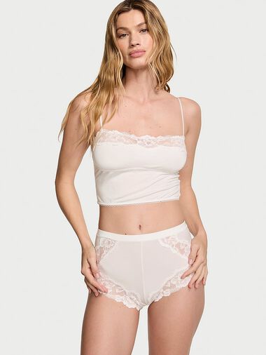 Ensemble Caraco À Encolure Droite Et Short En Modal Avec Finitions En Dentelle, Coconut White, large