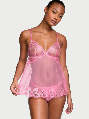 Sheer Boho Floral Embroidery Babydoll Set, Tickled Pink, large