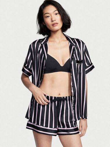 Ensemble Pyjama Court En Satin, Black Classic Stripe, large