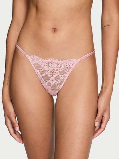V-string En Dentelle Avec Lanières Scintillantes, Chalk Rose, large