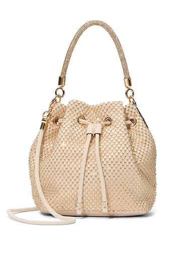 Mini Bucket Bag, White Rhinestone Mesh, large