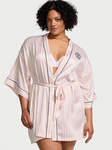 Robe De Chambre Passepoilée Courte En Satin, Pink Iconic Stripe, large