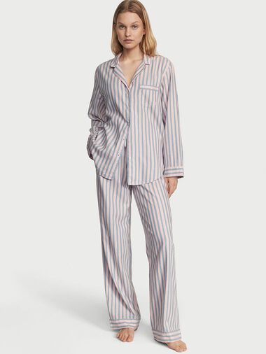 Flannel Long Pajama Set, Pink Blue Classic Stripe, large