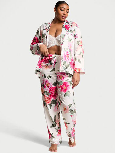 Glazed Satin Long Pajama Set, Coconut White/New Peony Floral Bouquetes, large
