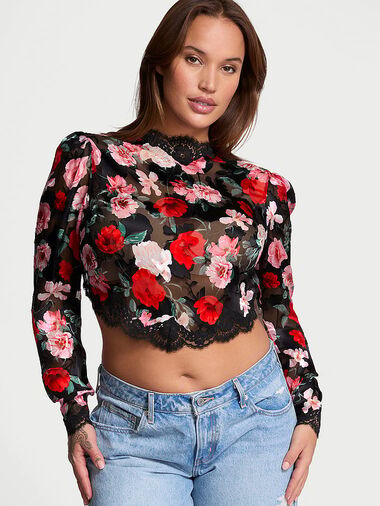Top Boléro Atelier Victoria's Secret Noir En Satin Dévoré Avec Finitions En Dentelle, BLACK FLORAL, large