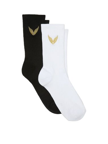 2-pack Slim Slouchy Crew Socks, Black and Coconut White Gold Wings, large