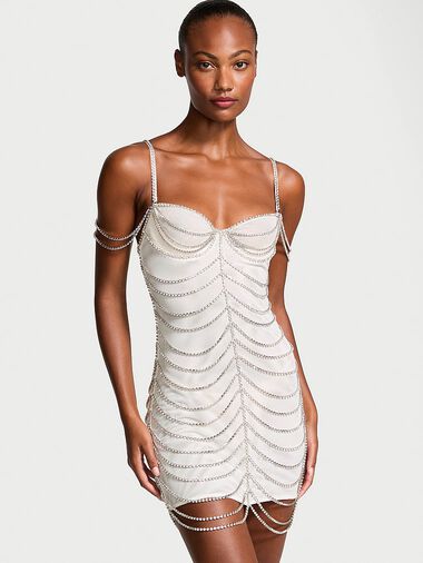 Nuisette Wicked Atelier Victoria's Secret En Tulle Avec Chaînes En Cristal, COCONUT WHITE, large