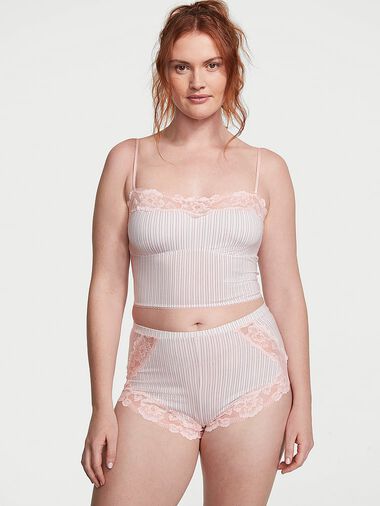 Modal & Lace Trim Straight-neck Cami Set, Purest Pink Stripes, large
