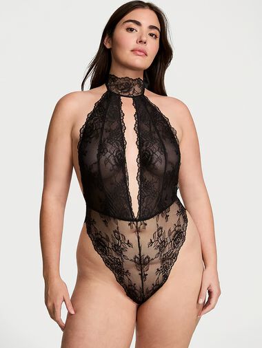 Rose Lace Halter Plunge Crotchless Teddy, Black, large
