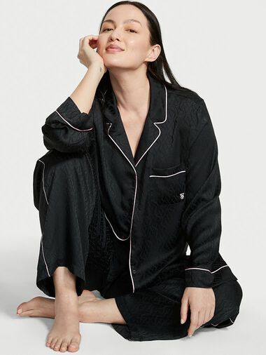 Ensemble Pyjama Long En Satin, Black Logo Jacquard, large