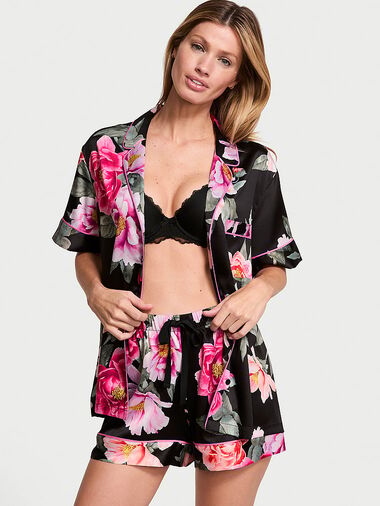 Glazed Satin Short Pajama Set, Black Floral Bouquet, large