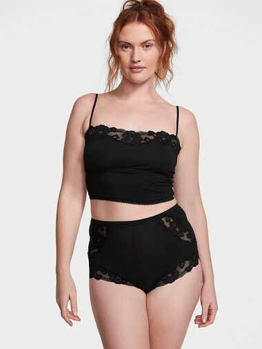 Modal & Lace Trim Straight-neck Cami Set, Black, large