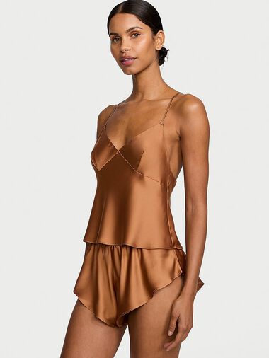 Satin Open-back Cami & Shorts Set, Caramel, large