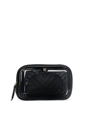 3-piece Makeup Bag, Black V-Quilt, large