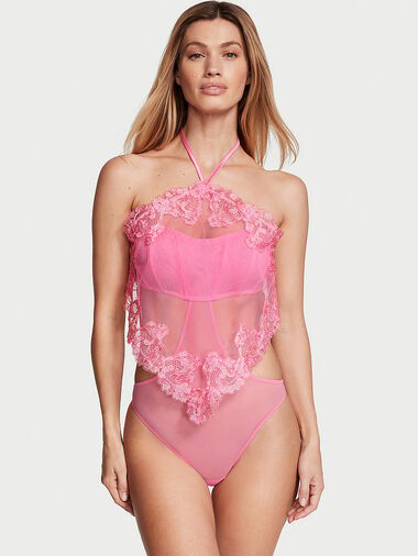 Sheer Boho Floral Embroidery Halter-neck Teddy, Tickled Pink, large