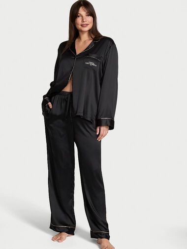 Glazed Satin Long Pajama Set, Black, large