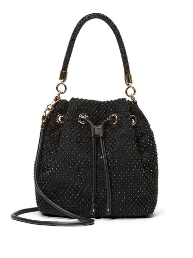 Mini Bucket Bag, Black Rhinestone Mesh, large