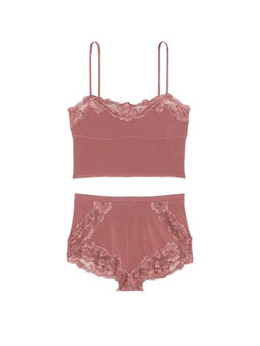 Modal & Lace Trim Straight-neck Cami Set, VINTAGE ROSE, large