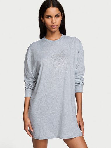 T-shirt De Nuit À Manches Longues En 100 % Coton, Grey, large