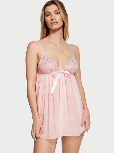 Cherry Blossom Embroidery Pleated Babydoll Set, Ballet Pink, large