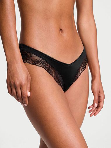 Culotte Sexy Échancrée Et Bordée De Dentelle Avec Motif De Roses, BLACK, large