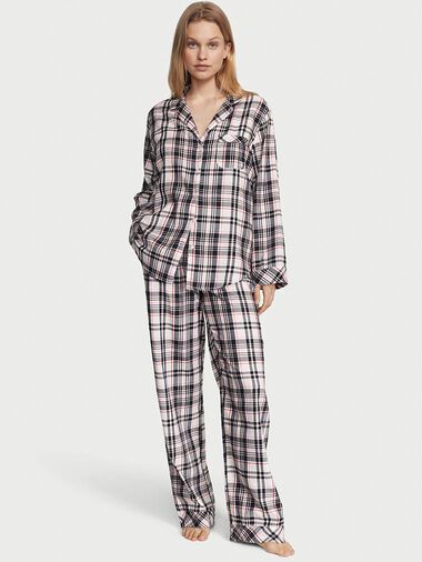 Flannel Long Pajama Set, White/Lipstick Heritage Plaid, large