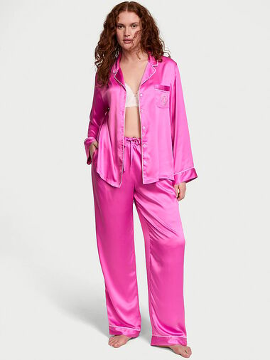 Glazed Satin Long Pajama Set, NEW PEONY, large