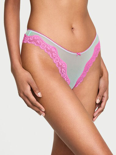 Tease Mesh Lace-trim High-leg Thong Panty, Waterfall & New Peony, large
