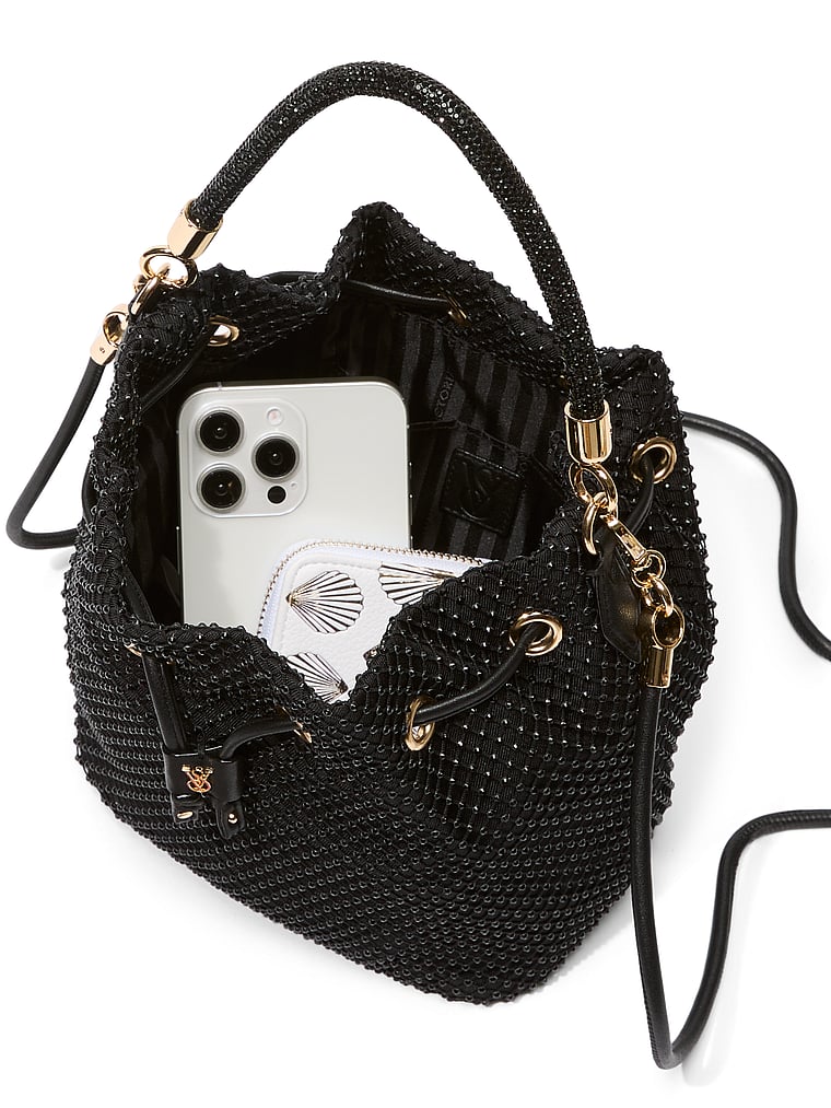 Mini Bucket Bag, Black Rhinestone Mesh, large