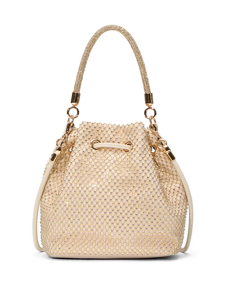 Mini Bucket Bag, White Rhinestone Mesh, large