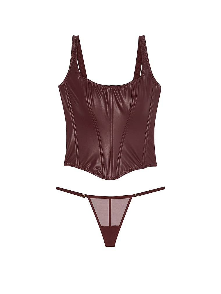 Classic Faux Leather Corset Set, BURGUNDY BROWN, large