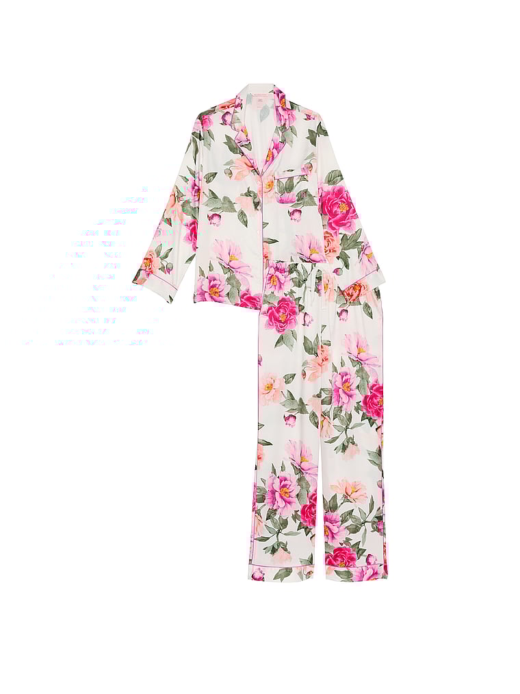 Ensemble Pyjama Long En Satin Glacé, Coconut White/New Peony Floral Bouquetes, large