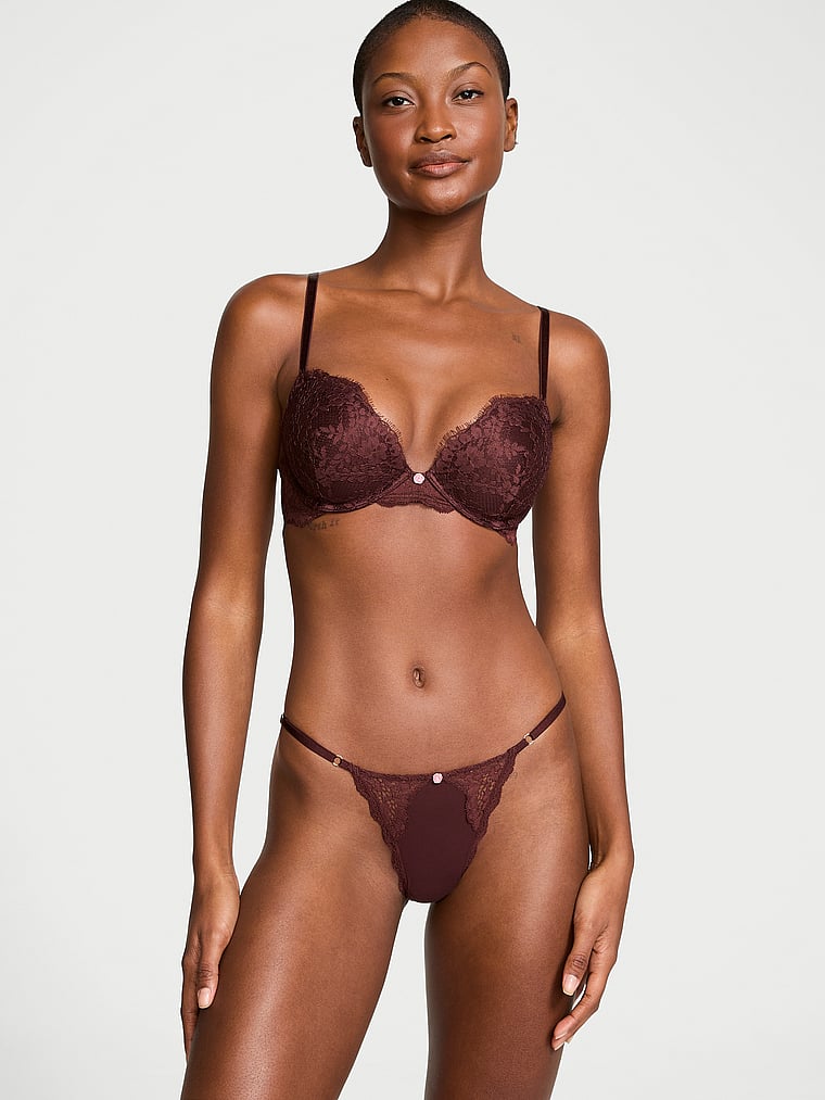 V-string Ajustable Avec Détails En Dentelle, Burgundy Brown, large