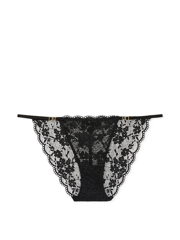 Slip Brésilien En Dentelle Avec Lanières Réglables, Black, large