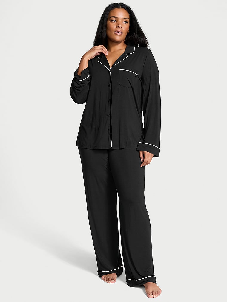Modal Soft Long Pajama Set, BLACK, large