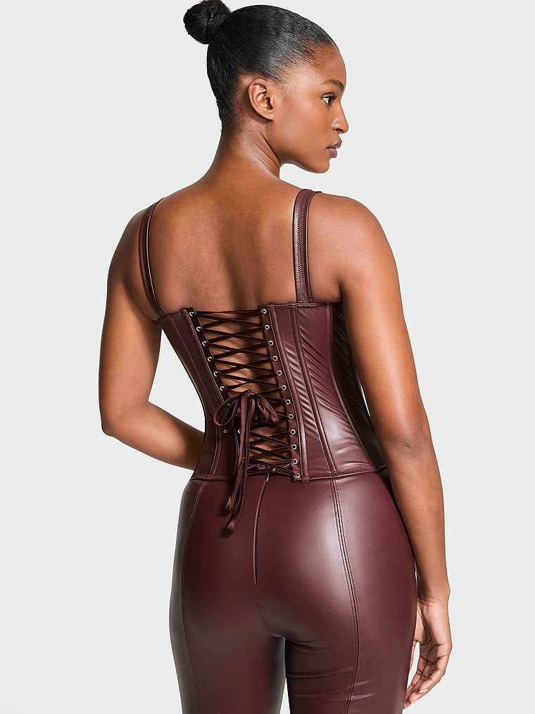 Classic Faux Leather Corset Set, BURGUNDY BROWN, large