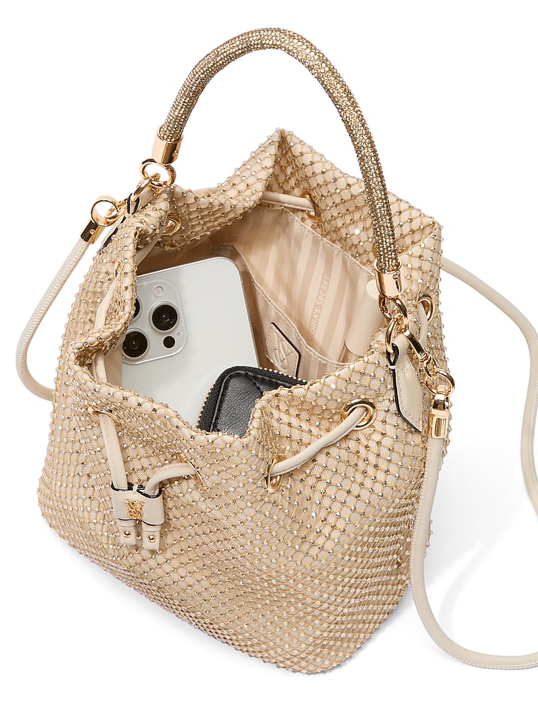 Mini Bucket Bag, White Rhinestone Mesh, large