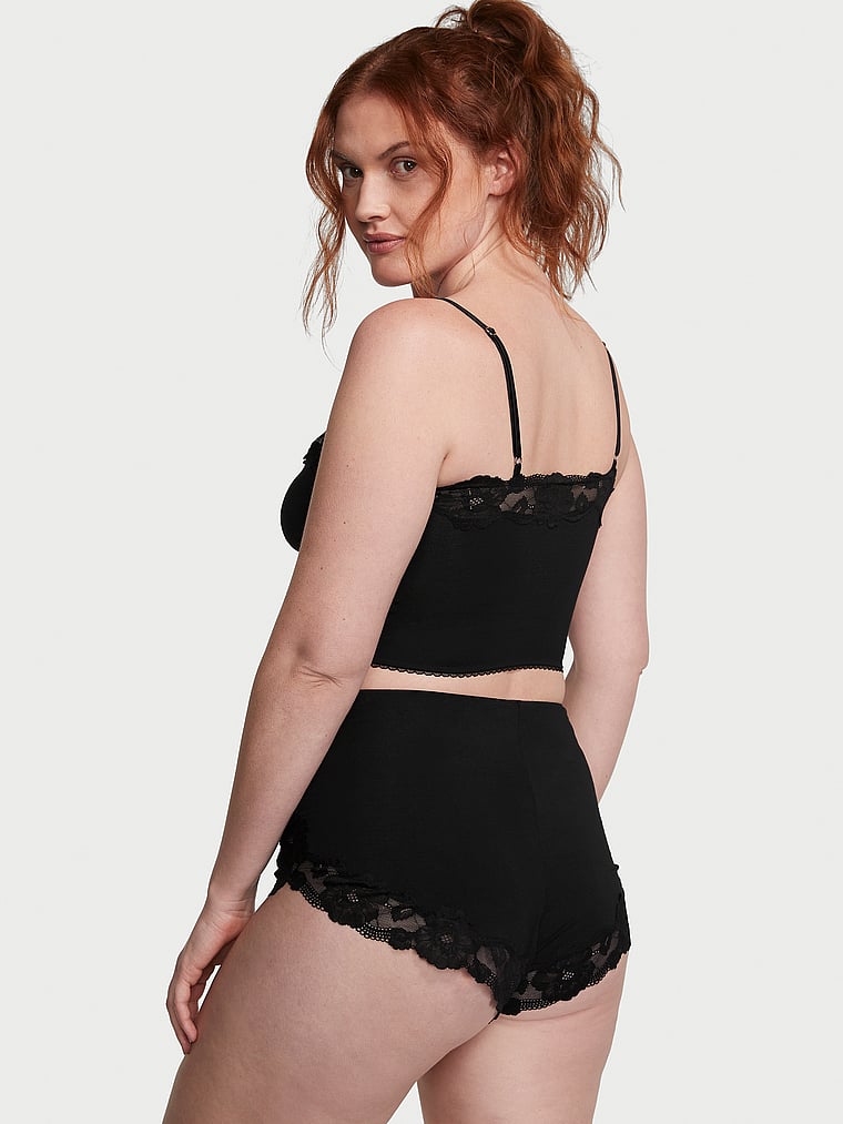 Modal & Lace Trim Straight-neck Cami Set, Black, large