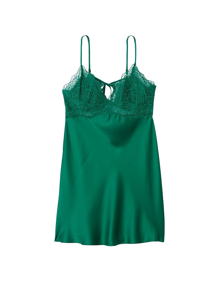 Nuisette En Satin Stretch Rehaussée D'empiècements En Dentelle, Spruce Green, large