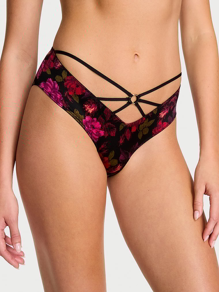 Strappy Ring Hardware Open-back Cheeky Panty, Red Floral, large