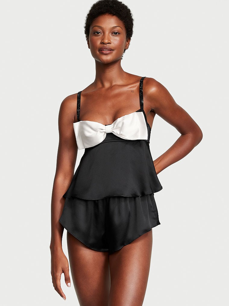 Ensemble Caraco Et Short En Satin Avec Nœud, Black, large