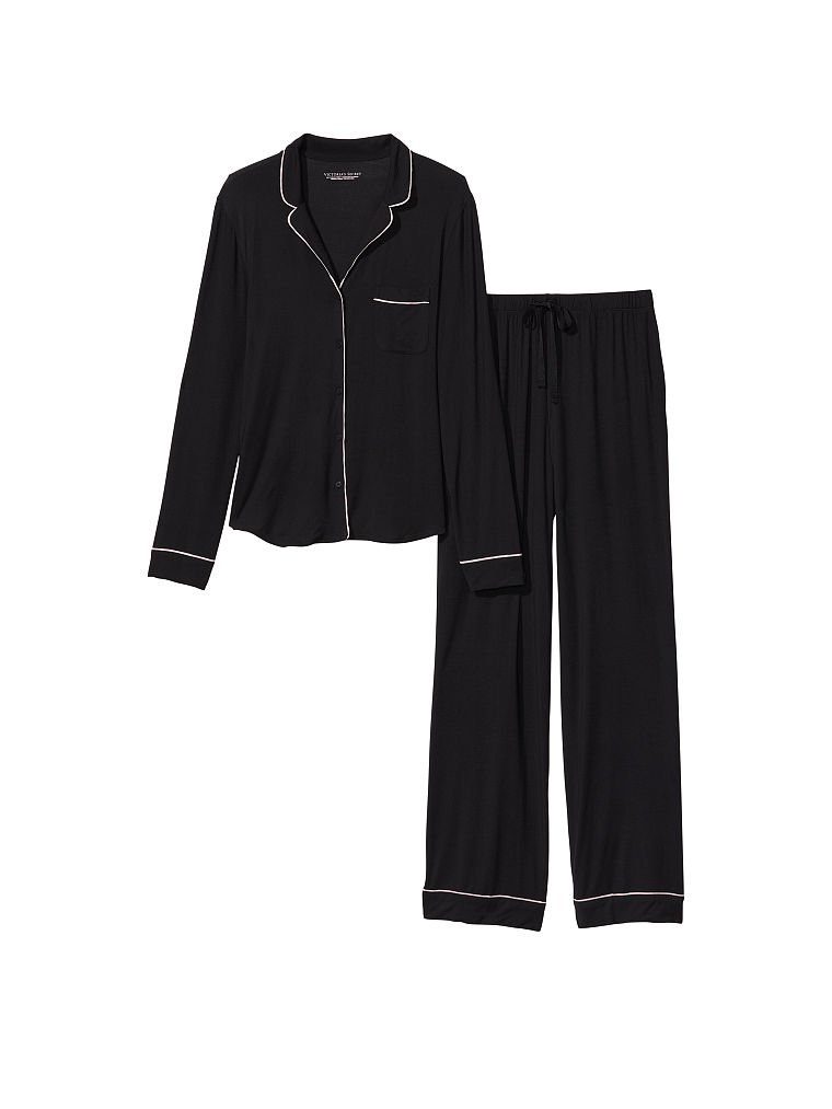 Modal Long Pajama Set, Black W Angel Pink Piping, large
