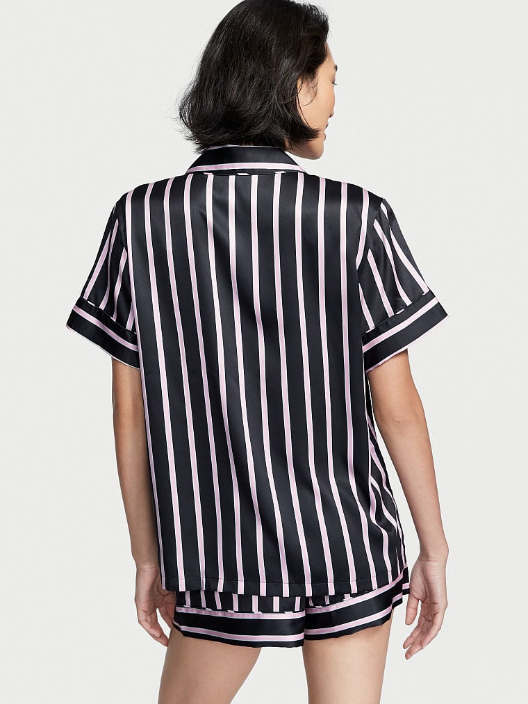 Ensemble Pyjama Court En Satin, Black Classic Stripe, large
