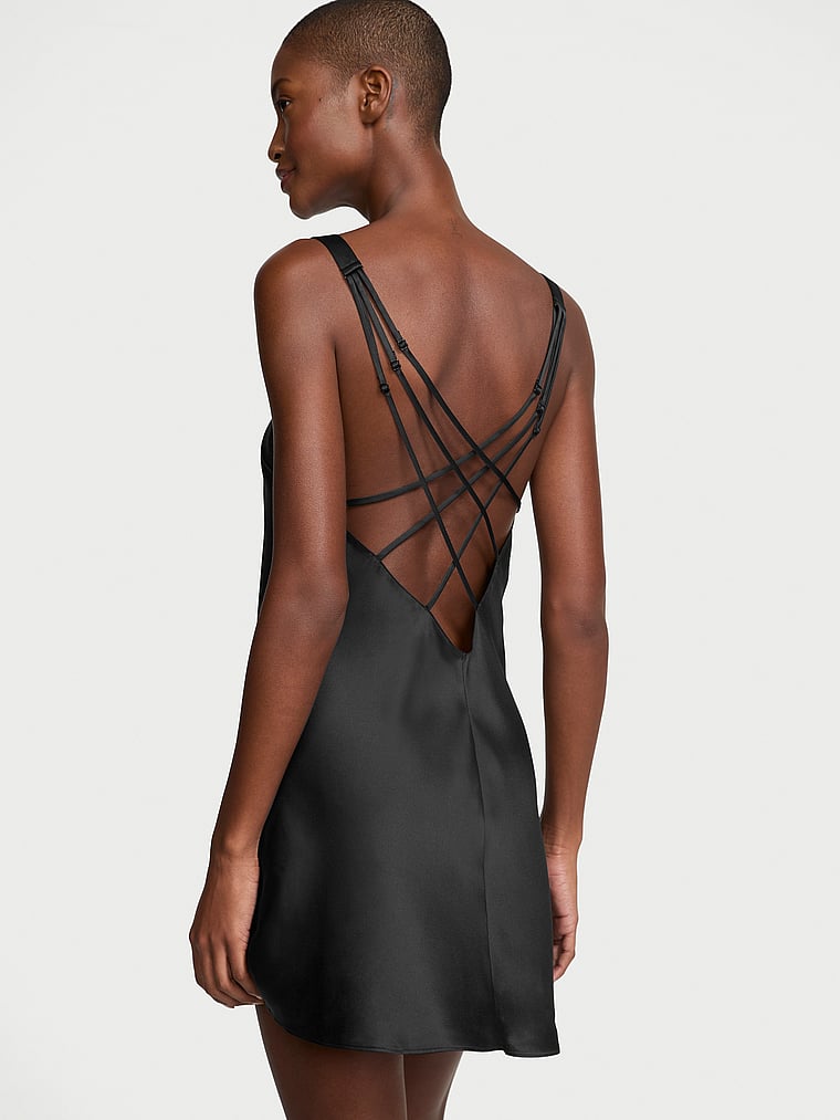 Scattered Shine Strap Satin Strappy-back Slip, Black, large